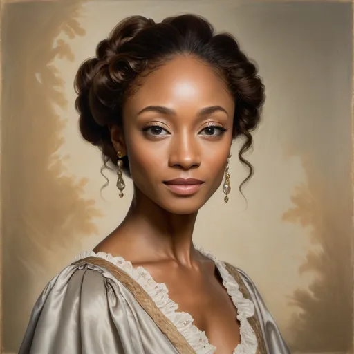 Prompt: Regency era portrait of Yaya DaCosta, as a beautiful youthful woman with brown wavy hair trailing over the shoulder, oil painting, upper class Regency period clothing, simple, subtle colors, soft and diffused lighting, high quality, detailed brushwork, elegant and refined, classic beauty, historical art, Baroque style, aristocratic charm, Michael Dahl