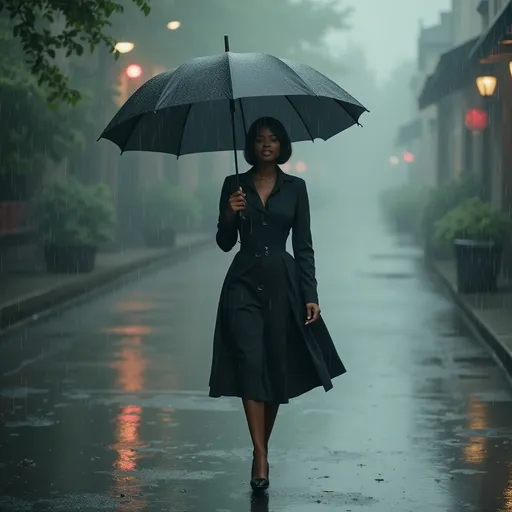 Prompt: A black woman in stylish 50s clothes with an umbrella walking in the rain, serene ambiance, gentle rain drizzle, muted colors, soft grays and blues reflecting a calm mood, stylish flowing coat, relaxed expression, puddles glistening, atmospheric mist in the background, romantic and cozy setting, fluid movement capturing the motion of walking, ultra-detailed, 4K quality.