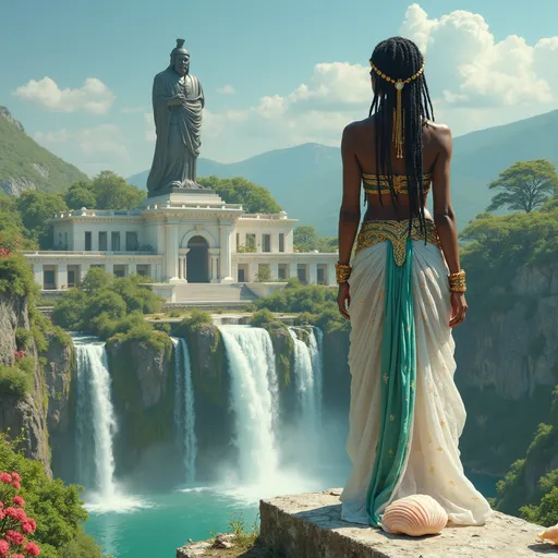 Prompt: An ancient city with 2 waterfalls A black stone statue of atlas sits atop a palace made of white stone and surrounded by green gardens with colorful flowers a young black warrior princess stands on a marble stone overlooking the scene she is dressed as an ancient merchant from summer her garments are see through and sheer white & aqua and have gold embroidery her long black dread loc hair is braided with gold ribbon and jeweled chain, large white and pink sea shells lie at her sandaled feet