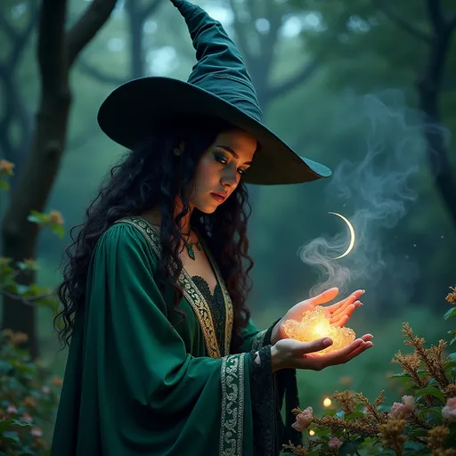 Prompt: In a mystical twilight setting, a beautiful black witch, draped in flowing emerald robes adorned with intricate silver runes, gracefully tends to her enchanting witch garden. The air is thick with the scent of herbs and blooming nocturnal flowers, their petals shimmering under the soft glow of a crescent moon. Wisps of ethereal mist curl around her as she gently gathers glistening herbs and luminous crystals, their colors vibrant against the deep indigo sky. Her expressive face, framed by cascading, dark curls, displays a serene yet determined aura, hinting at the power she wields. In the background, ancient trees bend slightly, as though paying homage to her presence. The atmosphere is imbued with a sense of magic and quiet reverence, rendered in cinematic lighting and rich, vibrant colors that capture the enchanting essence of her world.