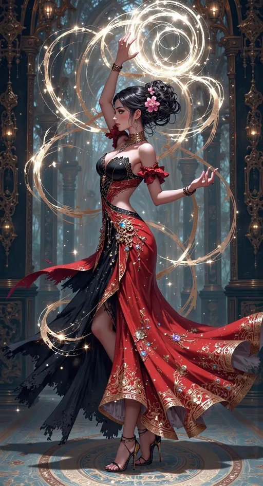 Prompt: A dancer in a stunning, flowing red gown adorned with intricate floral patterns captivates the scene, her intense expression and graceful movement exuding passion and confidence. She skillfully balances a circular tambourine above her head while her other arm is elegantly outstretched, creating a dynamic composition that draws the eye. The backdrop is softly blurred with hints of ornate architecture, suggesting an intimate indoor setting, perhaps in a historic hall. Rich, warm colors dominate the image, enhanced by dramatic lighting that highlights the shimmering details of her attire and the ethereal quality of the moment. The overall mood conveys a sense of celebration and artistry, inviting the viewer to experience the joy of dance.