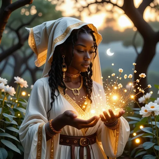 Prompt: In a mystical twilight setting, a beautiful black witch, draped in flowing white robes adorned with intricate gold runes that complements her radiant deep brown skin, gracefully tends to her enchanting witch garden. The air is thick with the scent of herbs and blooming nocturnal flowers, their petals shimmering under the soft glow of a crescent moon. Wisps of ethereal mist curl around her as she gently gathers glistening herbs and luminous crystals, their colors vibrant against the deep indigo sky. Her expressive face, framed by cascading, dark locs, displays a serene yet determined aura, hinting at the power she wields. In the background, ancient trees bend slightly, as though paying homage to her presence. The atmosphere is imbued with a sense of magic and quiet reverence, rendered in cinematic lighting and rich, vibrant colors that capture the enchanting essence of her world.