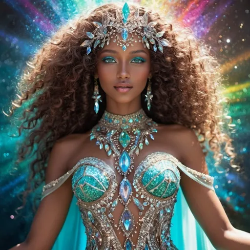 Prompt: Rainbow crystal goddess, (ethereal figure), intricate crystal dress, surrounded by shimmering rainbow crystals, (glowing aura) radiating vibrant hues of light, (magical atmosphere) enchanting and uplifting, (intricate crystal details), surrounded by a celestial background, stars twinkling faintly, (vibrant colors), illuminated with soft glows, showcasing reflections and refractions of light, (highly detailed), spellbinding expression of grace and beauty. bronze brown skin, luxurious white curly/coily hair, striking turquoise eyes. 