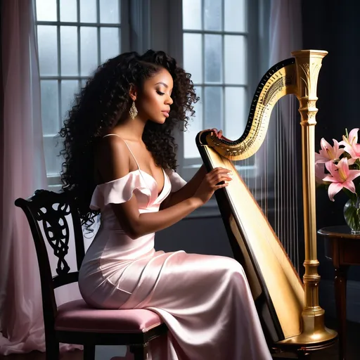 Prompt: In a very dark room a young, beautiful black woman wearing a white satin dress with thin straps and long curly hair craft into an elegant hairstyle sitting on a chair playing the harp. Next to her on a round table, there is a crystal vase with a bouquet of pink lilies. The dim gold light from a window softly illuminates her casting a moody atmosphere. Dust particles float in the air and the rainbow lights dancing on the walls from sunlight reflecting from the crystal vase adding to the ethereal ambiance