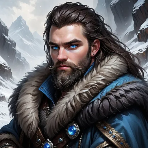 Prompt: A handsome Northern King, piercing blue eyes, long thick dark hair and beard, wearing rich dark furs, 