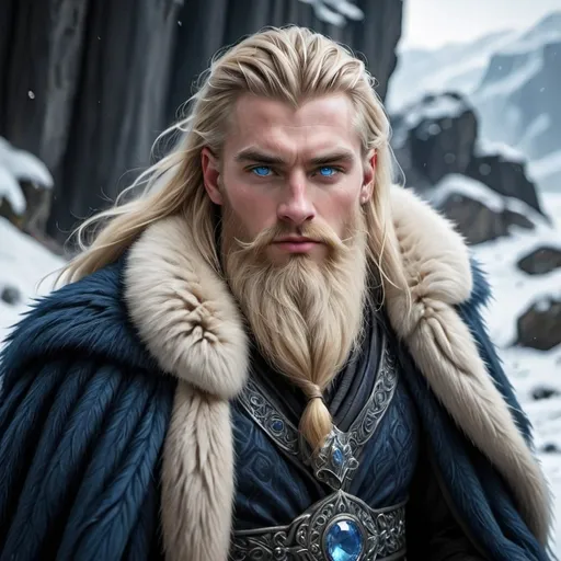 Prompt: Imagine a striking Northern King, his captivating piercing blue eyes glimmering like icy sapphires against the backdrop of a snow-laden landscape. His long, thick blond hair and well-groomed beard come alive with the subtle glint of frost, framing a face carved by both time and valor. He stands tall and proud, draped in luxurious dark furs that exude an air of majesty, their textures soft and rich against the harsh, biting cold of winter. The sky above is a swirling canvas of deep blues and purples, hinting at an impending snowstorm, while the magic of twilight bathes him in a soft, ethereal glow. This regal figure, poised against the gathering storm with his mighty sword in hand, is a symbol of strength and resilience, evoking the spirit of a legendary ruler. The art style could be reminiscent of dark fantasy concept art, highlighting the intricate details and atmospheric tension.