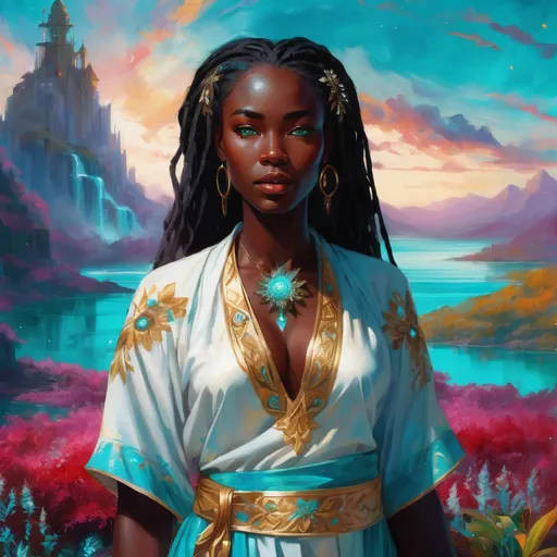 Prompt: A stunning young Black woman with an ethereal face of dark chocolate skin and luxurious white dread locs stands gracefully amidst a vibrant fantasy landscape. Her striking turquoise eyes shimmer with enchantment, reflecting a soft, magical glow. She is depicted in full body wearing a white, red and turquoise dress robes with gold embroidery, surrounded by whimsical, fantastical elements such as glowing flora, shimmering crystals, and floating orbs, all bathed in enchanting, luminous light. The scene exudes a dreamy, otherworldly atmosphere with lush, saturated colors, intricate details, and a sense of high depth, creating a captivating and imaginative composition. Style inspired by dreamy watercolor illustrations with cinematic lighting, photorealistic details, and a whimsical, magical vibe.