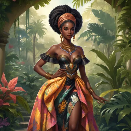 Prompt: Full body, Fantasy illustration of a black female noble woman, 21 years old, beautiful, black skin, elegant hairstyle, colorfull and elegant african-style garment, delicate jewellery, shamefull expression, high quality, rpg-fantasy, detailed, in a tropical garden