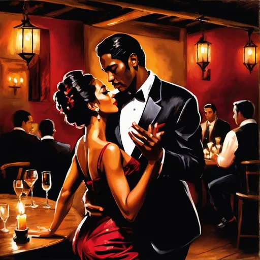 Prompt: In a dimly lit Spanish club, the atmosphere is thick with passion and rhythm. Soft, flickering candlelight dances across the rustic wooden tables and walls adorned with vibrant flamenco art. A suave Latino man, dressed in a tailored black suit, exudes charm as he gracefully leads his beautiful black partner, who is draped in a flowing crimson dress that swirls around her like flames. Their eyes lock in a captivating gaze, showcasing a deep connection. The room pulses with warm golden hues and shadows, some patrons captivated by the couple's electric tango as they move seamlessly across the gleaming dance floor. This romantic scene comes to life in a cinematic, photorealistic style, capturing the intensity and elegance of their dance amidst an enticing backdrop of Spanish culture.