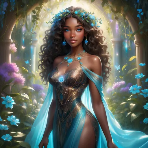 Prompt: A stunning young black woman of 30 years stands gracefully at the center of an enchanted garden, her dark brown skin glowing softly under radiant, ethereal lighting. Her captivating eyes sparkle like jewels, framed by a delicate halo of curly coils adorned with vibrant aqua blue flowers that seem to imbue the scene with a magical aura. She wears an elegant gown that flows like liquid silk, its vivid colors harmonizing with the lush greenery around her with a gold and aquamarine necklace around her delicate neck. Petals and butterflies gently drift through the air, illuminated by soft beams of sunlight that filter through wispy clouds, creating an otherworldly atmosphere. The entire composition is rendered in HD 8k 3D fantasy matte art painting with intricate and hyperdetail like Ekaterina Savic, capturing the nuanced textures of her enchanting presence, making her appear almost as if she is stepping out of a dream.
