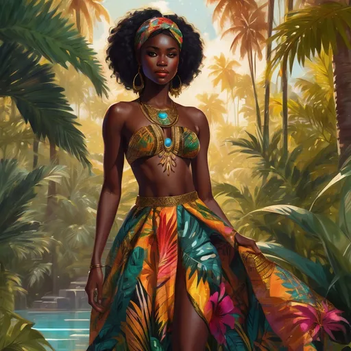 Prompt: A full-body, highly detailed fantasy illustration of a beautiful 21-year-old black noble woman with radiant black skin, standing gracefully in a lush tropical garden bathed in warm, dappled sunlight filtering through towering palm trees. She wears a vibrant, colorful African-style garment with intricate patterns that flow elegantly around her, accented by delicate gold and beaded jewelry that glints softly. Her elegant hairstyle is styled with intricate braids and adornments, enhancing her regal presence. Her expression is shy and bashful, eyes cast downward with a gentle blush. The scene exudes a rich, magical atmosphere, with lush greenery, blooming tropical flowers, and a sense of serene enchantment. Rendered in a cinematic, photorealistic style with vibrant colors, fine details, and soft lighting to evoke an RPG-fantasy mood..