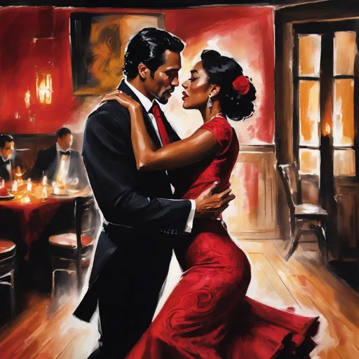 Prompt: In a dimly lit Spanish club, the atmosphere is thick with passion and rhythm. Soft, flickering candlelight dances across the rustic wooden tables and walls adorned with vibrant flamenco art. A suave Latino man, dressed in a tailored black suit, exudes charm as he gracefully leads his beautiful black partner, who is draped in a flowing crimson dress that swirls around her like flames. Their eyes lock in a captivating gaze, showcasing a deep connection. The room pulses with warm golden hues and shadows, some patrons captivated by the couple's electric tango as they move seamlessly across the gleaming dance floor. This romantic scene comes to life in a cinematic, photorealistic style, capturing the intensity and elegance of their dance amidst an enticing backdrop of Spanish culture.