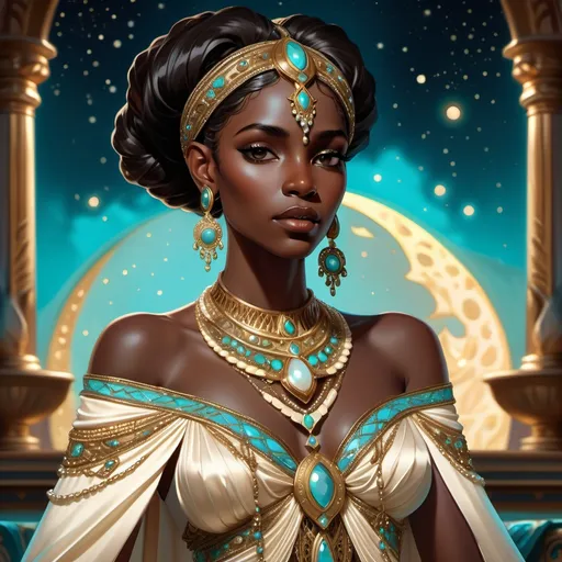 Prompt: A regal dark brown-skinned Black woman stands gracefully at the center of a mystical, moonlit setting. Adorned in cream and turquoise opulent Seleucid-inspired attire, her ornate clothing drapes elegantly around her, shimmering with intricate embroidery. Lustrous pearls and vibrant opals catch the soft light, while copious gold jewelry cascades from her neckline, glimmering like stars against the night. Moonstones reflect the ethereal glow, illuminating her striking features and vibrant expression as she gazes thoughtfully into the distance. Surrounding her, the air shimmers with a sense of ancient magic, while the gentle breeze rustles the delicate fabric of her garments. For this scene, envision a cinematic lighting style that enhances the luxurious atmosphere and showcases the richness of the materials.