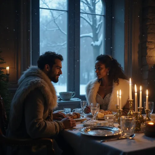 Prompt: In a majestic, dimly-lit chamber adorned with rich, deep blues and silvers, a Great Northern King clad in intricate furs sits at an elegantly set table, his regal stature softened by the flickering light of dozens of candles illuminating the space. His expression is one of deep admiration as he gazes at his beautiful black Queen, who wears a flowing gown, shimmering with delicate silver embroidery that captures the warm, golden light, underneath white furs. The atmosphere is intimate, almost ethereal, as soft snow falls outside the frosted windowpanes, casting intricate patterns of light and shadow across the stone walls. The aroma of spiced dishes lingers in the air while the soft crackle of the fire fills the silence, suggesting a deep connection between the two as they share tender smiles and soft whispers. This scene calls for a romantic, cinematic lighting style, evoking a sense of warmth amid the cold northern landscape.
