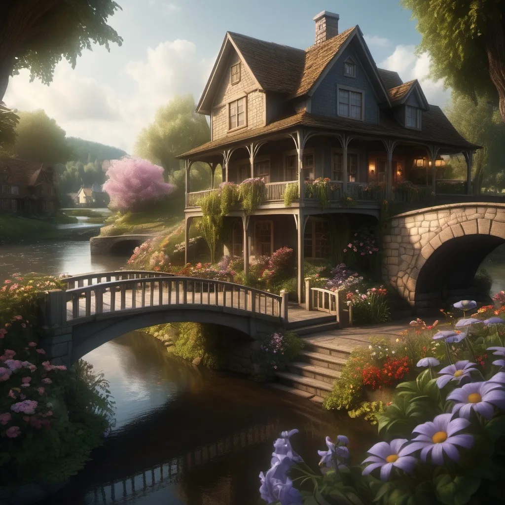 Prompt: House with a large porch, window flowers,  bridge and river, dramatic fantasy settlement scene, cinematic lighting