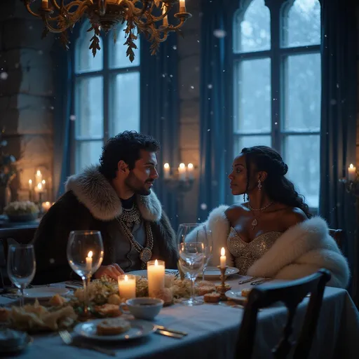 Prompt: In a majestic, dimly-lit chamber adorned with rich, deep blues and silvers, a Great Northern King clad in intricate furs sits at an elegantly set table, his regal stature softened by the flickering light of dozens of candles illuminating the space. His expression is one of deep admiration as he gazes at his beautiful black Queen, who wears a flowing gown, shimmering with delicate silver embroidery that captures the warm, golden light, underneath white furs. The atmosphere is intimate, almost ethereal, as soft snow falls outside the frosted windowpanes, casting intricate patterns of light and shadow across the stone walls. The aroma of spiced dishes lingers in the air while the soft crackle of the fire fills the silence, suggesting a deep connection between the two as they share tender smiles and soft whispers. This scene calls for a romantic, cinematic lighting style, evoking a sense of warmth amid the cold northern landscape.