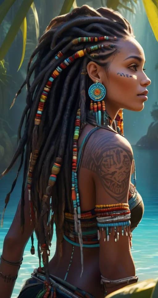 Prompt: Amidst a tranquil, sunlit environment, a striking woman emerges from crystal-clear waters, her presence enchanting and ethereal. Her long, dark dreadlocks cascade magnificently, adorned with colorful beads that reflect the rich heritage she embodies. Intricate tribal markings grace her face and shoulder, enhancing her captivating features, which are framed by large, statement earrings that catch the light. The background features lush foliage, suggesting a secluded oasis that amplifies the serene and mystical mood of the setting, while the soft, diffused lighting highlights the natural beauty and grace of her figure, evoking a sense of tranquility and connection to nature.