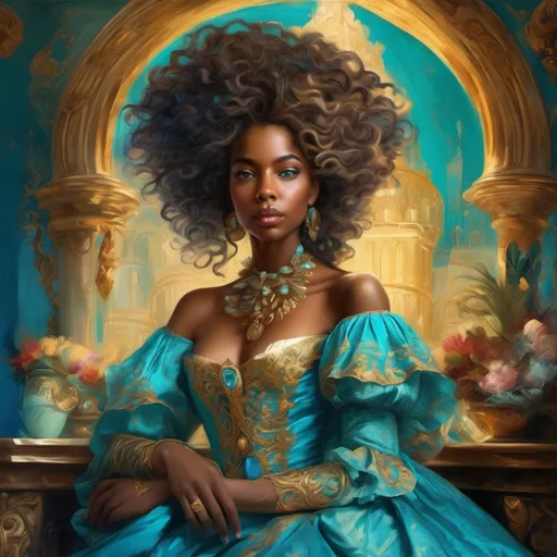 Prompt: Rococo era portrait of a woman, oil painting, luxurious clothing (beautiful young black woman), vibrant fantasy style, bronze skin, luxurious white curly/coily hair, striking turquoise eyes, blue and gold gown, magical atmosphere, enchanting light, whimsical background filled with fantastical elements, lush colors, dreamy vibe, high depth, ultra-detailed, captivating and imaginative composition.