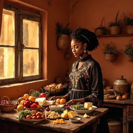 Prompt: In a sun-drenched, old-fashioned Middle Eastern kitchen, a poised black gentlewoman prepares to enjoy a small feast set before her on a rustic wooden table. The walls, painted in warm terracotta hues, are adorned with woven baskets and dried herbs, while sunlight pours in through a dusty window, casting soft, golden rays that illuminate her graceful figure. She wears a flowing, elegant dress, its deep burgundy folds highlighted by the light. Her expression is one of serene anticipation as she gently touches the vibrant array of fresh fruits, crusty bread, and fragrant cheeses. The faint sound of birds chirping outside adds a harmonious backdrop to this intimate setting. The scene captures a moment of calm luxury, perfect for a cinematic lighting style that enhances the warmth and texture of this serene culinary retreat.