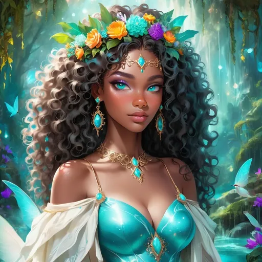 Prompt: (beautiful young black woman), vibrant fantasy style, full body, dark chocolate skin, luxurious white curly/coily hair, striking turquoise eyes, a diadem, magical atmosphere, enchanting light, whimsical background filled with fantastical elements, lush colors, dreamy vibe, high depth, ultra-detailed, captivating and imaginative composition.