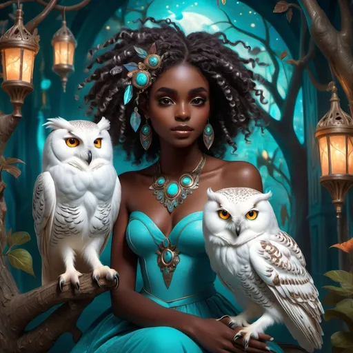 Prompt: (beautiful young black woman), full body, vibrant fantasy style, dark chocolate skin, luxurious white curly/coily hair, striking turquoise eyes, pet white owl, magical atmosphere, enchanting light, whimsical background filled with fantastical elements, lush colors, dreamy vibe, high depth, ultra-detailed, captivating and imaginative composition.