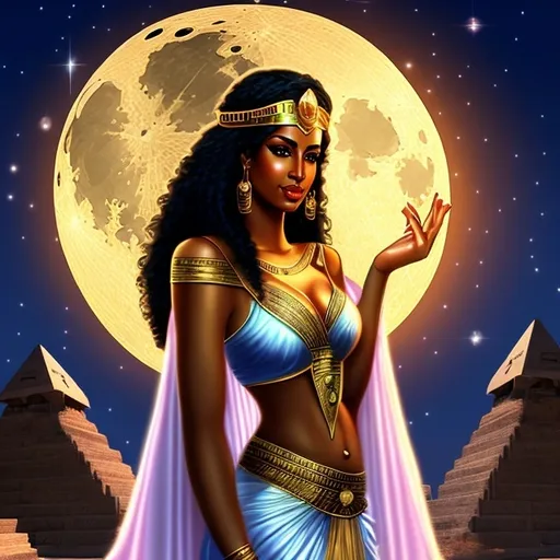 Prompt:  Isis is a revered goddess in ancient Egyptian mythology, known for her powers of magic, healing, and motherhood. She is also associated with the moon, protection, and fertility. HD 4k 3D 8k professional modeling photo hyper realistic beautiful woman ethereal greek goddess pixie of the morning breeze black curly hair gorgeous face brown skin billowing gown beautiful jewelry polos crown pixie wings full body surrounded by ambient aura glow hd landscape on mountain at morning 

