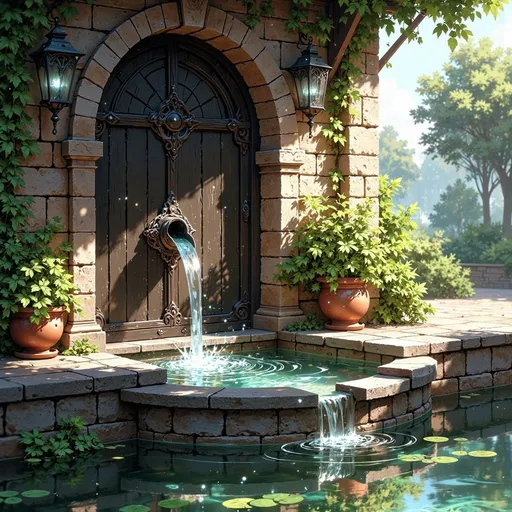 Prompt: A serene scene unfolds as clear water cascades gently from a stone spout, creating ripples in the still surface of a shallow basin below. The rustic charm of the weathered stone wall is complemented by vibrant green vines climbing alongside, while a burst of color from a potted flowering plant adds warmth to the setting. Sunlight filters through the foliage, casting dappled patterns on the smooth edges of the stone structure, hinting at a tranquil afternoon. The overall atmosphere exudes relaxation and natural beauty, reminiscent of a peaceful garden retreat, inviting one to pause and enjoy the soothing sounds of flowing water.