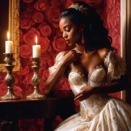 Prompt: In a lavishly adorned room filled with vibrant roses and intricate floral decorations, a young black woman in a flowing white gown delicately leans toward a candle, illuminating her graceful features and cascading dark hair. The scene conveys opulence and intimacy, with the rich red wallpaper enhancing the romantic atmosphere. In the background, a man stands at an elegantly carved door, his gaze fixed on her, suggesting a moment of longing or surprise. The warm, soft lighting accentuates the textures and details, creating a captivating narrative of beauty and anticipation intertwined within this enchanting setting.
