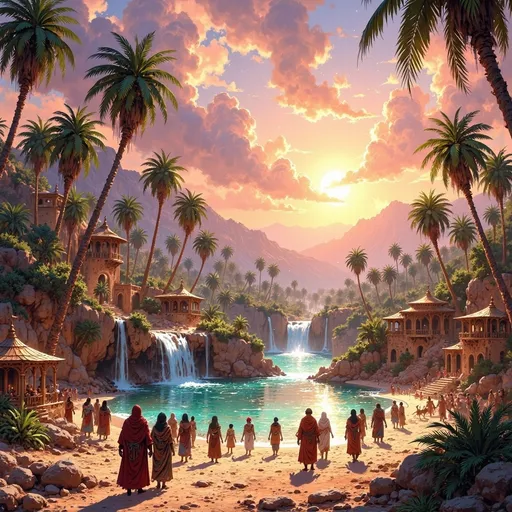 Prompt: Big kingdom, large desert oasis, water spring, waterfalls, trees, greenry, dramatic fantasy settlement scene, traveling caravan,  cinematic lighting