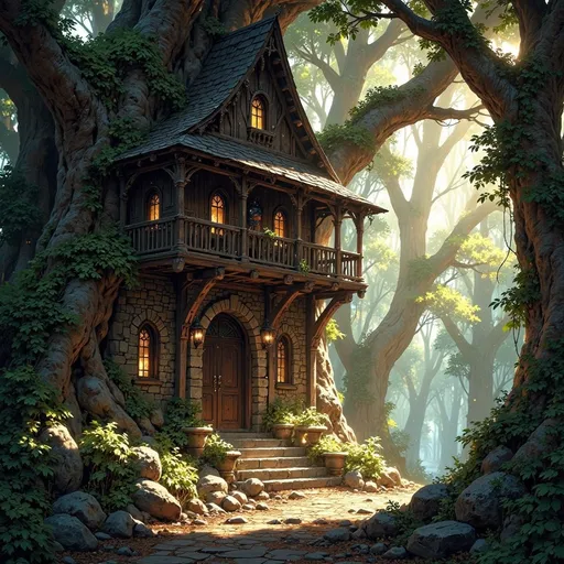 Prompt: Envision a ginormous dwelling that emerges gracefully from the heart of an ancient forest, a masterful fusion of sturdy, dark-hewn timber and rugged, unmortared stone, nestled into a bass of a moss-covered granite cliff. Alongside the swelling is a swift, crystal-clear river, its waters shimmering like polished glass as they race over smooth stones, creating the gentle sound of rushing water. Sunlight filters softly through the dense canopy above, casting ethereal patterns on the forest floor, while shafts of golden light illuminate the dwelling’s textured surfaces, enhancing the rich browns and deep grays of the wood and stone. Moss and creeping vines entwine around the structure, as if nature itself is embracing this serene sanctuary. The air is thick with the scent of damp earth and the distant sounds of rustling leaves create a gentle symphony. A young beautiful woman carries a basket on her basket, helping her parents with their garden harvest. Consider framing this enchanting scene with cinematic lighting to evoke a sense of tranquility and hidden magic.