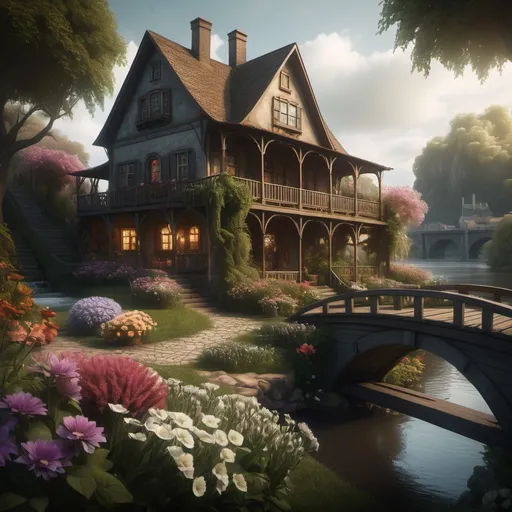 Prompt: House with a large porch, window flowers,  bridge and river, dramatic fantasy settlement scene, cinematic lighting