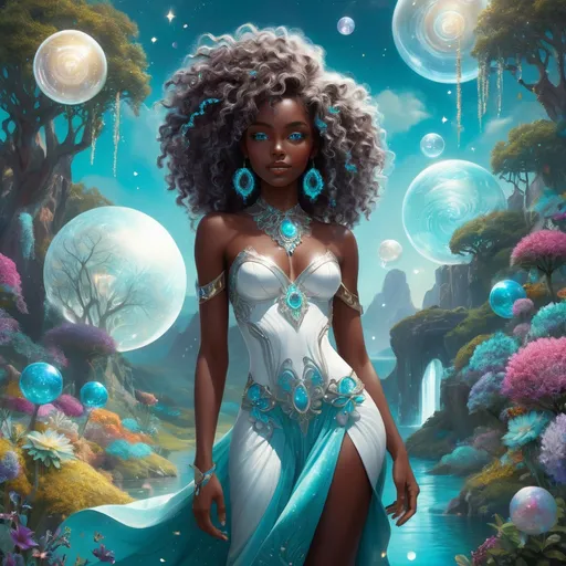 Prompt: (beautiful young black woman), vibrant fantasy style, dark chocolate skin, luxurious white curly/coily hair, striking turquoise eyes, full body, magical atmosphere, enchanting light, whimsical background filled with fantastical elements, lush colors, dreamy vibe, high depth, ultra-detailed, captivating and imaginative composition.