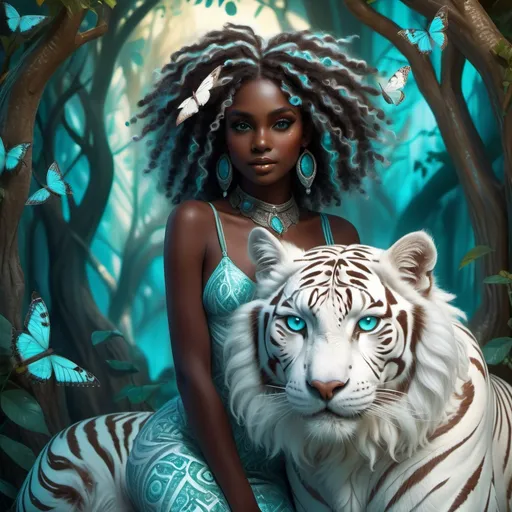 Prompt: (beautiful young black woman), full body, vibrant fantasy style, dark chocolate skin, luxurious white curly/coily hair, striking turquoise eyes, pet white owl and white tiger, magical atmosphere, enchanting light, whimsical background filled with fantastical elements, lush colors, dreamy vibe, high depth, ultra-detailed, captivating and imaginative composition.