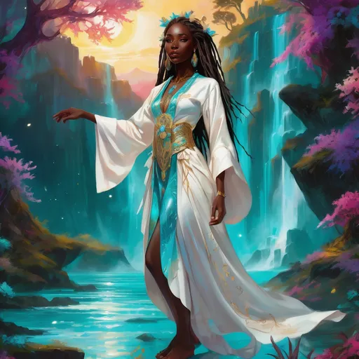 Prompt: A stunning young Black woman with an ethereal face of dark chocolate skin and luxurious white dread locs stands gracefully amidst a vibrant fantasy landscape. Her striking turquoise eyes shimmer with enchantment, reflecting a soft, magical glow. She is depicted in full body wearing a white and turquoise dress robes with gold embroidery, surrounded by whimsical, fantastical elements such as glowing flora, shimmering crystals, and floating orbs, all bathed in enchanting, luminous light. The scene exudes a dreamy, otherworldly atmosphere with lush, saturated colors, intricate details, and a sense of high depth, creating a captivating and imaginative composition. Style inspired by dreamy watercolor illustrations with cinematic lighting, photorealistic details, and a whimsical, magical vibe.