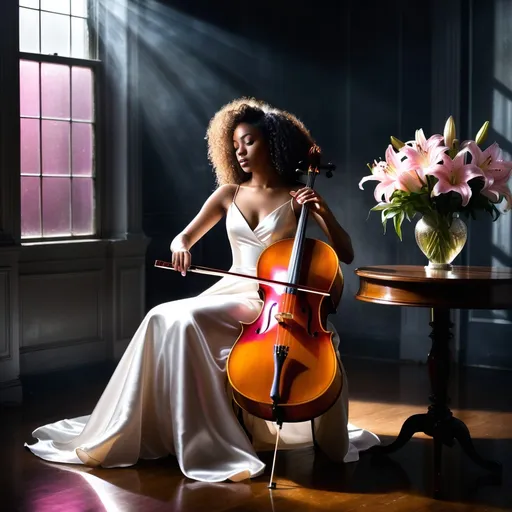 Prompt: In a very dark room a young, beautiful black woman wearing a white satin dress with thin straps and long curly hair craft into an elegant hairstyle sitting on a chair playing the cello. Next to her on a round table, there is a crystal vase with a bouquet of pink lilies. The dim gold light from a window softly illuminates her casting a moody atmosphere. Dust particles float in the air and the rainbow lights dancing on the walls from sunlight reflecting from the crystal vase adding to the ethereal ambiance