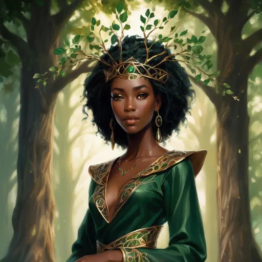 Prompt: A beautiful black woman with amber eyes wore a gown of deep forest green, simple in cut but intricately embroidered with symbols of growing things – winding vines, delicate moonpetal, and the majestic Eldorian oak. Her crown was a **delicate, interwoven circlet of polished Eldorian bronze**, shaped like twin branches reaching skyward, adorned with a single, clear river stone at its fore. pre-Raphaelite time-lapse motion blur, High resolution, detailed portrait, ethereal atmosphere, black locs, dark brown skin, red lips, captivating eyes, cosmic mystical aura, vibrant colors, soft lighting, professional, digital painting, enchanting presence, fantasy, dreamy, female, mystical, detailed hair, captivating gaze, professional lighting, hyper realistic, HD 4k 3D, professional modeling, ethereal, gorgeous face, ambient divine glow, detailed and intricate, elegant, ethereal, mythical, goddess, radiant lighting,