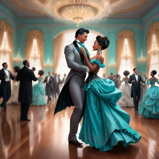 Prompt: In a lavish ballroom in the Victorian-era, elaborate chandeliers cast sparkling light onto a polished wooden floor, reflecting the joyous atmosphere. A handsome Latino man in a sharp grey tuxedo, his slick black hair glistening with elegance, twirls gracefully with a stunning black woman. She wears a silk turquoise Victorian bustle dress that complements her radiant brown skin as she moves, paired with dazzling silver heels that catch the light with every step. Their laughter fills the air, creating a palpable sense of joy and connection. Soft, warm tones of gold and cream envelop the scene, enhancing the romantic, celebratory mood. This enchanting moment, captured in enchanting, realistic detail, showcases their elegance and chemistry amidst the ornate decor of the ballroom.