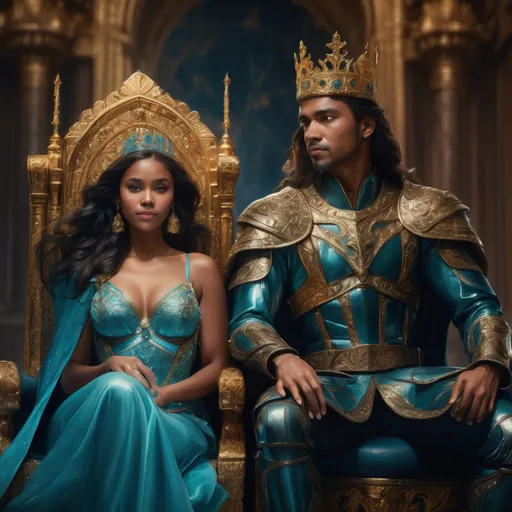 Prompt: Regal figures sit side by side on intricately designed thrones that shimmer with golden accents, enveloped by a grand, ornate hall. The woman on the left, adorned in a flowing turquoise gown, showcases a sparkling crown and intricate jewelry, her confident gaze hinting at strength and grace. Beside her, the man, embodying a noble warrior in elaborate armor, wears a royal cape and a golden crown, exuding authority and bravery. The rich, warm tones of the scene, accented by the opulence of the surroundings, create a majestic atmosphere that captures the essence of a powerful alliance in a fantastical realm, blending elegance with the thrilling undertones of royalty and leadership.
