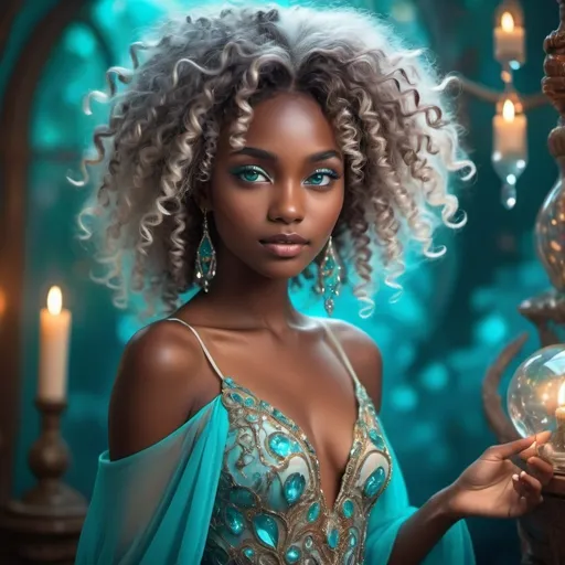 Prompt: beautiful young woman, vibrant fantasy style, dark chocolate skin, luxurious white curly/coily hair, striking turquoise eyes, magical atmosphere, enchanting light, whimsical background filled with fantastical elements, lush colors, dreamy vibe, high depth, ultra-detailed, captivating and imaginative composition, crystal dress