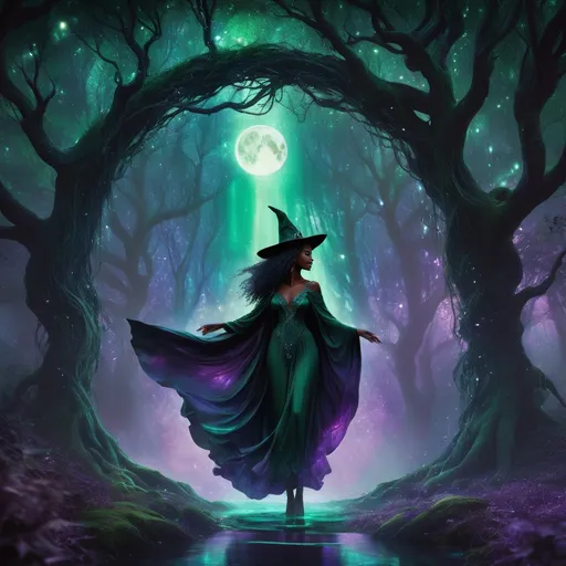 Prompt: In a mystical scene, a beautiful black witch steps gracefully through a shimmering, ethereal portal that vibrates with iridescent colors—emerald greens and deep purples swirling like an enchanting nebula. The backdrop is a moonlit forest, where ancient trees loom overhead, their branches heavy with glimmering dew and dark, velvety shadows. As she emerges, her flowing ebony robes swirl around her like a cascade of night, and her expressive eyes reflect wonder and power. Wisps of magical energy trail behind her, fracturing the air with flickering light. The atmosphere is charged with enchantment, the air humming softly with the whispers of the arcane. Suggest a dreamy watercolor illustration style that captures the fluidity and magic of the moment.