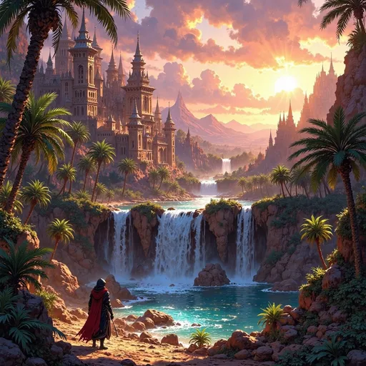 Prompt: Big kingdom, large desert oasis, water spring, waterfalls, trees, greenry, dramatic fantasy settlement scene, cinematic lighting