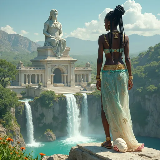 Prompt: An ancient city with 2 waterfalls A black stone statue of atlas sits atop a palace made of white stone and surrounded by green gardens with colorful flowers a young black warrior princess stands on a marble stone overlooking the scene she is dressed as an ancient merchant from summer her garments are see through and sheer white & aqua and have gold embroidery her black dread loc hair is braided with gold ribbon and jeweled chain, large white and pink sea shells lie at her sandaled feet
