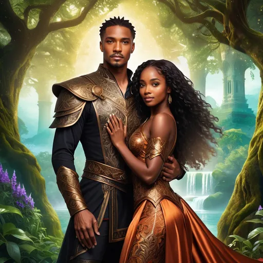 Prompt: A romantic fantasy novel cover featuring a handsome man with noble features and a confident expression, gently holding a stunning Black woman with radiant skin and a graceful pose. They stand amidst a breathtaking, enchanted landscape with glowing flora and mystical light filtering through ancient, towering trees. Both are dressed in intricate fantasy outfits: the man in elegant armor with ornate engravings, the woman in flowing, shimmering robes adorned with delicate gemstones and feathered accents. Soft, magical illumination surrounds them, creating a warm and enchanting atmosphere filled with wonder and intimacy. Rendered in cinematic lighting, photorealistic style with a touch of Dreamy watercolor illustration to evoke fantasy romance and magical allure.