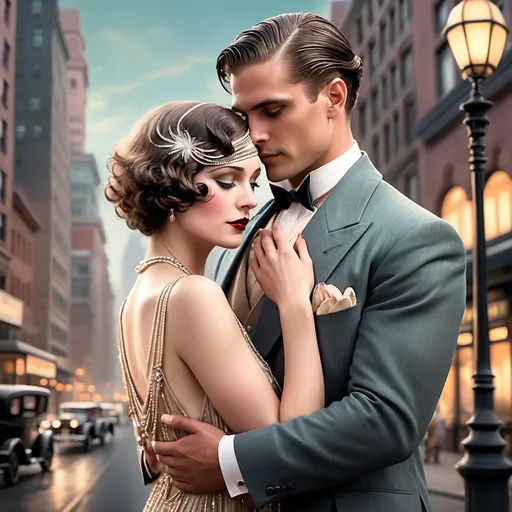 Prompt: Romance novel style book cover with a handsome man holding a gorgeous black woman, 1920s style outfits and background. Interracial couple.