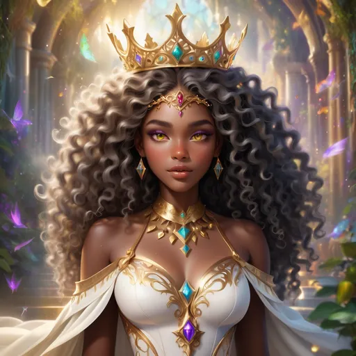 Prompt: (beautiful young black woman), vibrant fantasy style, full body, dark chocolate skin, luxurious white curly/coily hair, striking gold eyes, a crown, magical atmosphere, enchanting light, whimsical background filled with fantastical elements, lush colors, dreamy vibe, high depth, ultra-detailed, captivating and imaginative composition.