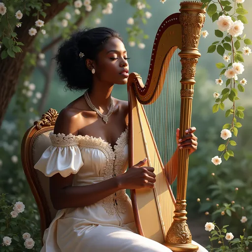 Prompt: A young Black noblewoman dressed in an elegant Regency-era silk gown of shimmering white & cream, seated gracefully in a lush, sunlit garden. Soft, dappled sunlight filters through blooming jasmine vines, casting a gentle glow on her poised figure. Her serene expression reflects deep concentration as she delicately plucks the strings of a vintage harp, surrounded by delicate white roses and whispering greenery. The scene exudes a tranquil, romantic ambiance with a touch of historical refinement, rendered in a dreamy, painterly style that emphasizes the richness of the textures and the elegance of the moment.