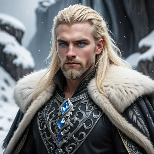 Prompt: Imagine a striking Northern King, his captivating piercing blue eyes glimmering like icy sapphires against the backdrop of a snow-laden landscape. His long, thick blond hair and well-groomed beard come alive with the subtle glint of frost, framing a face carved by both time and valor. He stands tall and proud, draped in luxurious dark furs that exude an air of majesty, their textures soft and rich against the harsh, biting cold of winter. The sky above is a swirling canvas of deep blues and purples, hinting at an impending snowstorm, while the magic of twilight bathes him in a soft, ethereal glow. This regal figure, poised against the gathering storm with his mighty sword in hand, is a symbol of strength and resilience, evoking the spirit of a legendary ruler. The art style could be reminiscent of dark fantasy concept art, highlighting the intricate details and atmospheric tension.