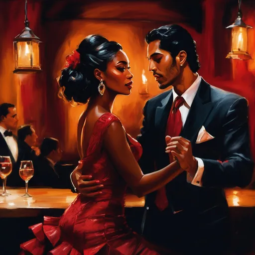 Prompt: A suave Latino man dancing the tango with his beautiful black woman in a Spanish club.