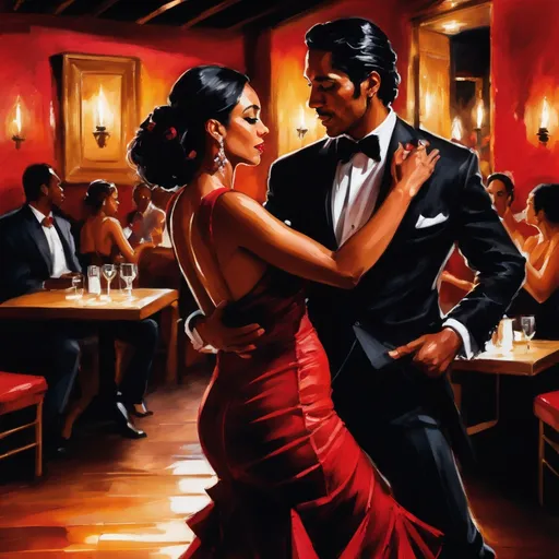 Prompt: A suave Latino man dancing the tango with his beautiful black woman in a Spanish club.