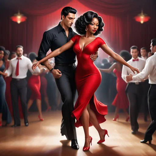 Prompt: A handsome Latino man in a black shirt and slacks with slick black hair dancing the tango with a beautiful black woman with long brown hair, red dress and red heels in a Argentinian style club happily realistic 